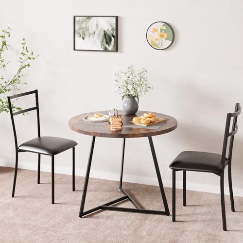 CABIHOME Dining Table Set for 2, Kitchen Table Set for 2, Kitchen Table Set with 2 Upholstered Chairs, Round Dining Table Set for Small Space, Apartment, Retro Brown - color: Retro Brown, size: Round Table with 2 Upholstered Chairs