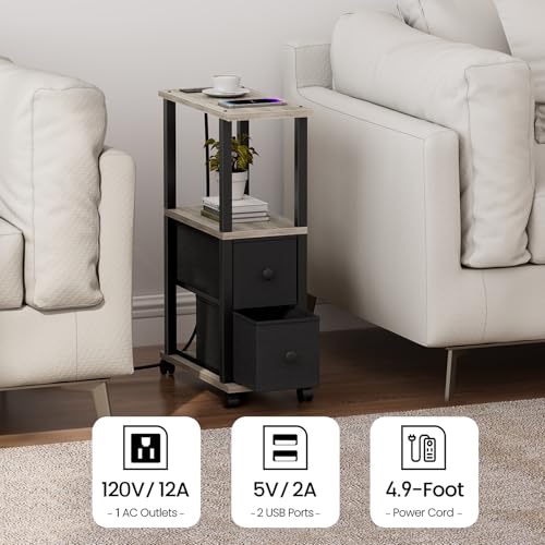 TUTOTAK Small Narrow End Tables, Side Tables with 2 Fabric Drawers, Set of 2, Bedside Tables with Charging Station for Small Spaces, Slim Nightstands with USB Ports and Wheels, TB01BG053 - color: Greige, style: with Outlets