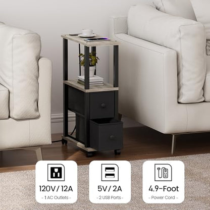 TUTOTAK Small Narrow End Tables, Side Tables with 2 Fabric Drawers, Set of 2, Bedside Tables with Charging Station for Small Spaces, Slim Nightstands with USB Ports and Wheels, TB01BG053 - color: Greige, style: with Outlets