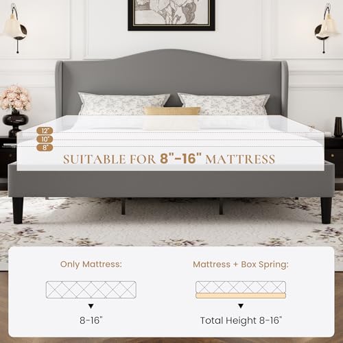 SHA CERLIN King Size Bed Frame with Curved Wingback Headboard, Soft Grey | Modern Luxury Design Velvet Platform Bed with Sturdy Wooden Slats,Noise-Free, No Box Spring Needed, Easy Assembly - color: Soft Grey, size: King