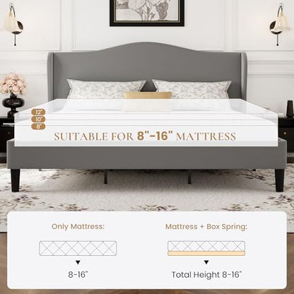 SHA CERLIN King Size Bed Frame with Curved Wingback Headboard, Soft Grey | Modern Luxury Design Velvet Platform Bed with Sturdy Wooden Slats,Noise-Free, No Box Spring Needed, Easy Assembly - color: Soft Grey, size: King