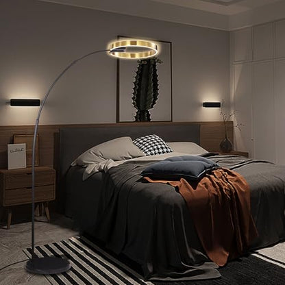 Modern Iron Arc Floor Lamp with LED Ring Shade - Nordic Dimmable Standing Lamp - Height Adjustable Vertical Lamp with Marble Base