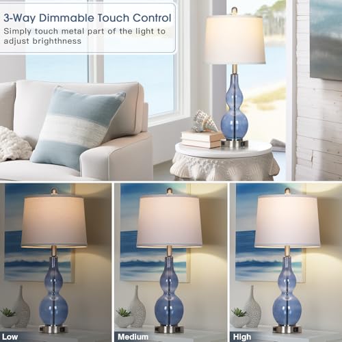Rinweey 27.5" Coastal Blue Glass Double Gourd Table Lamp Set of 2,3-Way Dimmable Touch Control Bedside Lamps with USB Ports and AC Outlet, Nautical Nightstand Lamps for Bedroom Living Room - color: Blue