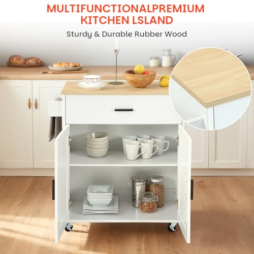 Kitchen Island with Storage, Rolling Kitchen Island on Wheels with Scalable,Open Spice Rack Shelf, Door Cabinet，Kitchen Cart Island Table for Kitchen, White
