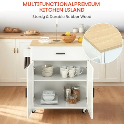 Kitchen Island with Storage, Rolling Kitchen Island on Wheels with Scalable,Open Spice Rack Shelf, Door Cabinet，Kitchen Cart Island Table for Kitchen, White
