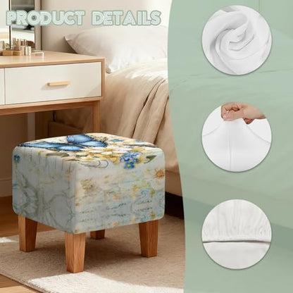 Butterfly Daisy Letter Print Stretch Ottoman Cover, Machine Washable Folding Storage Stool Furniture Protector Removable Slipcovers for Ottomans with Elastic Bottom - color: Butterfly Daisy Letter