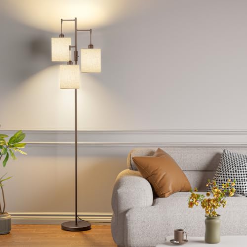 Dimmable Floor Lamp, Tall Standing Lamp with Linen Shade, Industrial Tree Floor Lamps for Living Room Bedroom Office, 3 x 1000LM LED Bulbs Included