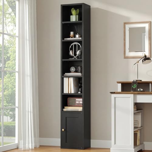 7-Tier Tall Narrow Bookshelf with Door, 11.8 X 9.3 X 70.9 Inches CD DVD Slim Media Tower Rack with Storage Cabinet, Adjustable Shelves, Skinny Bookshelf Display Bookcase for Home Office, Black - color: Black