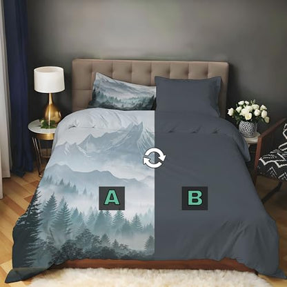 Duvet Cover,Microfiber Reversible Mist-shrouded tranquil forest California King Duvet Cover Set with Zipper Closure,3 Pieces Soft & Breathable Snow Mountain Range Bedding Set with 2 Pillow Shams - size: California King（104 x 98 in）