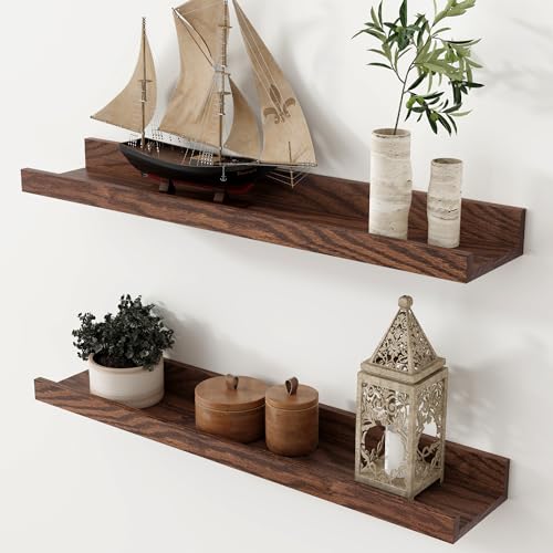 Oak Picture Ledge Shelf, 24 Inch Floating Shelves Set of 2, Solid Oak Wood Wall Shelves with Lip, Wall Decor Storage for Bedroom Living Room Bathroom Kitchen Nursery Photo Picture, Walnut - color: Walnut, size: 24inch