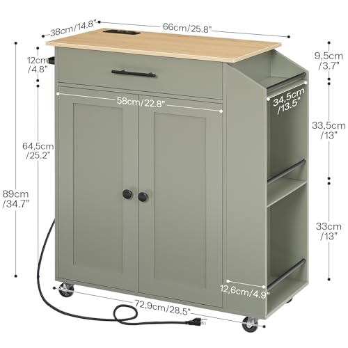HOOBRO Kitchen Island with Power Outlet, Storage Island with Spice Rack and Drawer, Rolling Kitchen Cart on Wheels, for Home, Dining Room, Natural and Green JN82UZD01G1 - color: Natural + Green