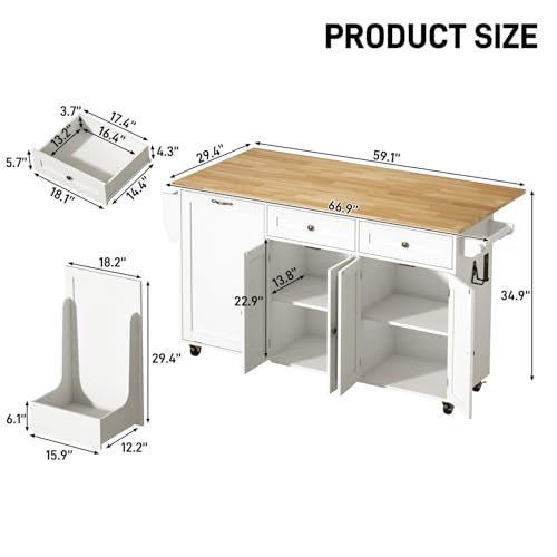 67" Large Movable Kitchen Island w/Sliding Drop Leaf,Power Outlet, Kitchen Rolling Island Cart w/ 2 Drawers, Island Table on Wheels w/ Trash Storage Cabinet,Spice Rack, Towel Bar,Garage Hook, White - color: White, size: 17.7"D x 66.9"W x 35.8"H