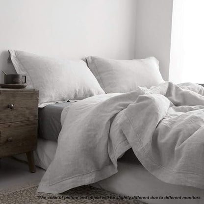 Simple&Opulence 100% Linen Duvet Cover Set with Embroidery Border Washed - 3 Pieces (1 Duvet Cover with 2 Pillow Shams) with Button Closure Soft Breathable Farmhouse - Light Grey, Queen Size - color: Light Grey, size: Queen