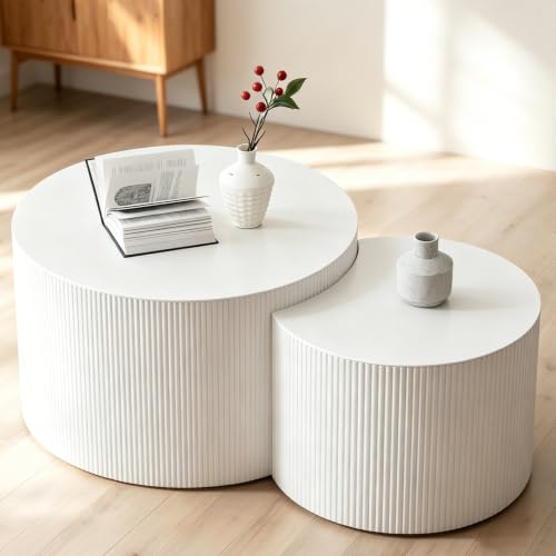 27" White Round Fluted Nesting Coffee Table Set of 2, A White | For Living Room, MDF with Spray Painting, Non-Slip Bottom Pads, Nested Crescent End Side Table, Modern Style, For Small Space - color: A White