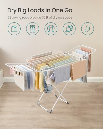 SONGMICS Clothes Drying Rack, Metal Laundry Drying Rack, Foldable, Space-Saving, Free-Standing Airer, with 4 Gullwings, Indoor Outdoor Use, Bed Linen Clothing, White ULLR541W01 - color: White, style: 4 Gullwings（31.7"D)