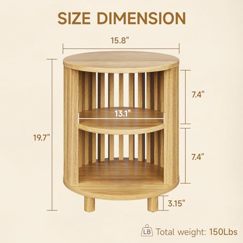 Round End Table, Wood Bedside Table, Mid Century Modern Nightstand with Open Storage Shelf, 3 Tier Small Side Tables for Living Room, Bedroom, Curved Profile Design, Natural Oak(1-Pack) - color: Oak, size: 19" H