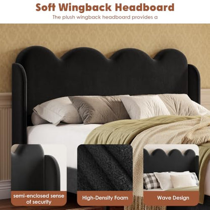 Garvee Full Size Upholstered Platform Bed Frame, Scalloped Wave Tall Headboard, Chenille Wingback Design, Wood Slat Support, No Box Spring Needed, Easy Assembly, Black | Scalloped Wave Tall Headboard, Wood Slat Support, No Box Spring Needed, Easy Assembly