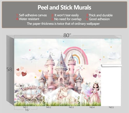 XMPMBM-Peel and Stick Princess Wallpaper Pink Cartoon Castle wall Mural | Thick and tear-resistant,Will not be damaged during repositioning,girly princess girls room wallpaper.S-80"X58" - color: M04, size: 80"x58"