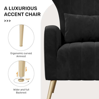 Nebuaegis Black Velvet Accent Chair Set of 4, Wingback Chair for Living Room, High Back Arm Chair with Golden Legs Lumbar Pillow, Upholstered Single Sofa Bedroom - color: Black, size: Set of 4