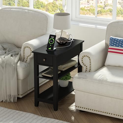 ChooChoo End Table Set of 2 Living Room with Charging Station | Sofa Side Table, Narrow Night Stand, USB Ports & Power Outlets, Hidden Drawer, Black - color: Black