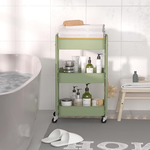 3 Tier Metal Utility Cart, Rolling Storage Cart with Wooden Tabletop, Metal Organizer Cart with Lockable Wheels for Office, Bedroom, Kitchen and Living Room (Green) - color: Green