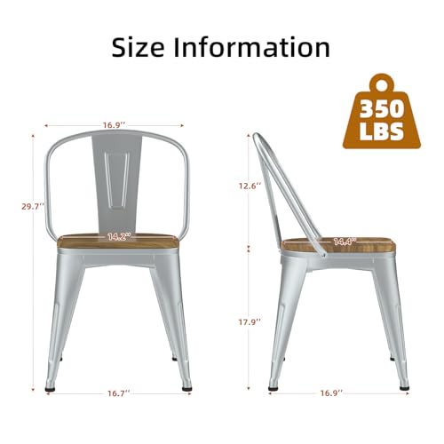 18 Inch Dining Chairs Set of 4, Farmhouse Metal Chairs with High Back and Wooden Seat, Stackable Industrial Bar stools for Dining Room(Silver) - color: Silver