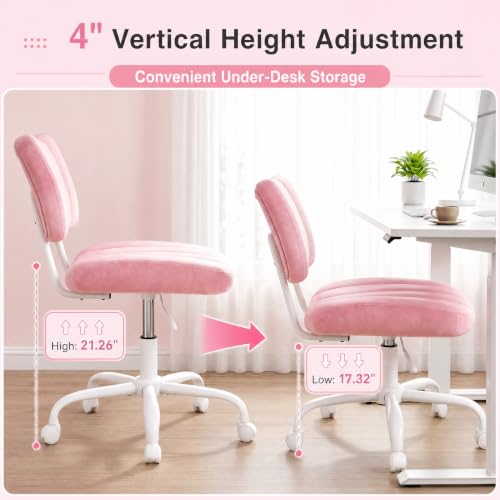 Homkdom Velvet Vanity Chair with Bow Backrest & Height Adjustable,Bedroom | Armless,360 Swivel,Silent Casters for Dressing Room & Living Room, Home Office,Make up,Reading,Light Pink - color: Light Pink