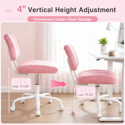 Homkdom Velvet Vanity Chair with Bow Backrest & Height Adjustable,Bedroom | Armless,360 Swivel,Silent Casters for Dressing Room & Living Room, Home Office,Make up,Reading,Light Pink - color: Light Pink