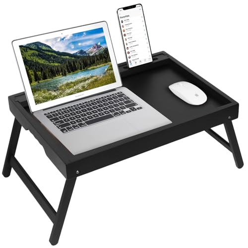 Artmeer Bamboo Bed Tray Table with Device Slot, Folding Legs, Large, Black | FSC-certified bamboo bed tray with folding legs, device slot and handles for meals, laptops, reading and serving in bed. - color: Black, size: Large