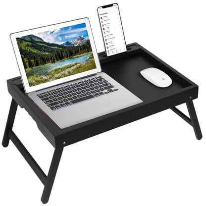 Artmeer Bamboo Bed Tray Table with Device Slot, Folding Legs, Large, Black | FSC-certified bamboo bed tray with folding legs, device slot and handles for meals, laptops, reading and serving in bed. - color: Black, size: Large