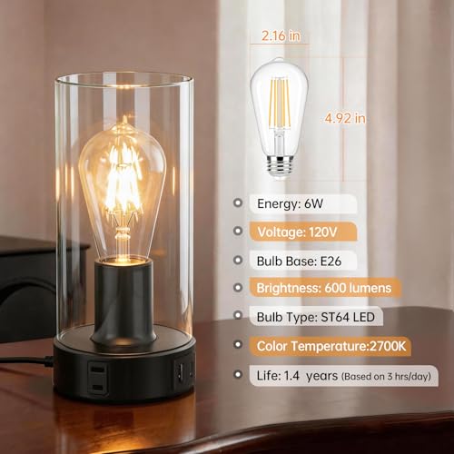 Shenmoyl Industrial Bedside Lamp with USB-A+C Charging Ports & AC Outlet, Small Touch Control Dimmable Table Lamp with Black Base Glass Shade for Bedroom, Nightstand, Dorm, Office, Desk - color: Black