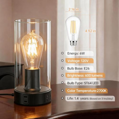 Shenmoyl Industrial Bedside Lamp with USB-A+C Charging Ports & AC Outlet, Small Touch Control Dimmable Table Lamp with Black Base Glass Shade for Bedroom, Nightstand, Dorm, Office, Desk - color: Black