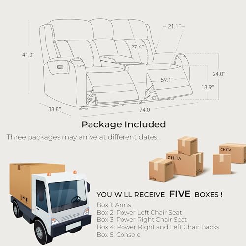 CHITA Genuine Leather Power Recliner Sofa, Loveseat with Console, Saddle | Wall Hugger, Genuine Leather, Reclining, Power Headrest, Dual Motor, USB Charging Ports, with Console - color: Saddle, size: Loveseat with Console