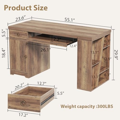HSH Office Desk with Drawers, Farmhouse Computer Desk with Keyboard Tray | 55 Inch Rustic Wood Work Study Writing Pc Executive Table Studio Desks Home Workstation with Storage Shelves and Cabinet - color: Rustic Oak