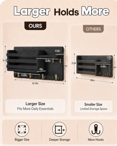 Key Holder Wall Mount, 16 Inch Pre-Assembled Key Hooks Rack with Shelf & Mail Holder for Wall, Wood Walls Organizer for Entryway, Living Room, Black - color: Black