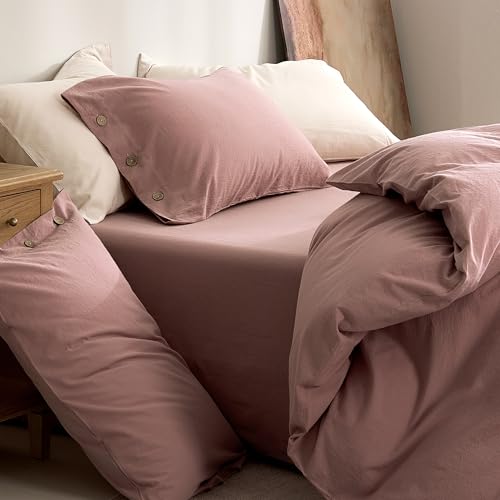 JELLYMONI 100% Washed Cotton Darker Rose Duvet Cover Queen, Linen-Like | OEKO-TEX Certified, Soft, Breathable Percale Bedding with Natural Wrinkle Texture, Button Closure, 3-Piece Set, 90"x90" - color: 01- Darker Rose, size: Queen(90"×90")