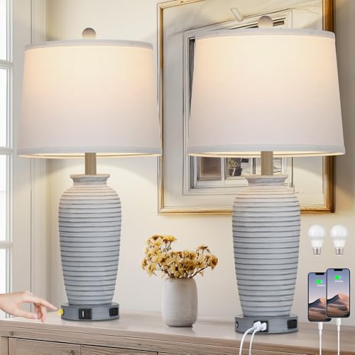 CINSARY 25" Farmhouse Jar Table Lamps Set of 2, 3 Way Touch Control Rustic Bedside Lamps with USB A+C Ports & AC Outlet, Pot Nightstand Lamps for Bedroom Living Room (LED Bulbs Included) - color: Grey-white
