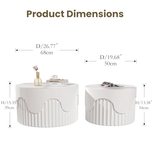 Round Nesting Coffee Table Set of 2 Modern Fluted Coffee Table | Non-Slip Pads, Stackable End Tables for Living Room, No Assembly Required, Space Saving Accent Tables for Small Spaces - color: White 26.77"dx15.35"h