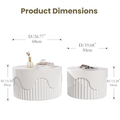 Round Nesting Coffee Table Set of 2 Modern Fluted Coffee Table | Non-Slip Pads, Stackable End Tables for Living Room, No Assembly Required, Space Saving Accent Tables for Small Spaces - color: White 26.77"dx15.35"h