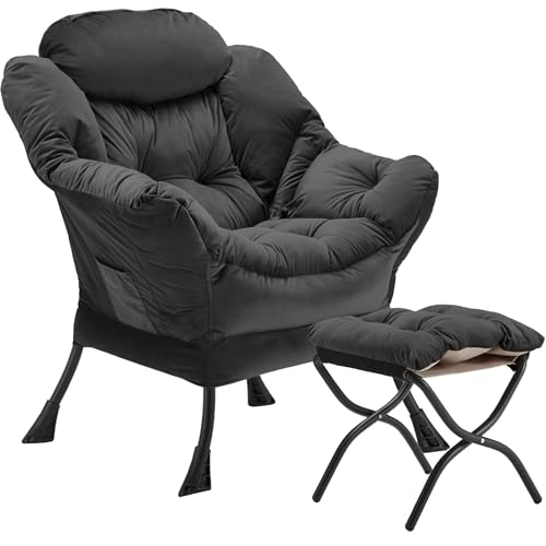 Youtanic Lazy Chair with Folding Ottoman, Accent Chair Velvet Upholstered with Metal Structure and Non-Slip Pads, Sofa Armchair with Footrest and Side Storage Bag for Dorm, Office, Charcoal - color: Charcoal