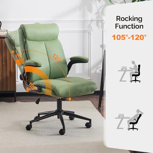 VINGLI Rolling Ergonomic Office Desk Chair with Padded Flip-up Arms, 360° Swivel High Back Executive Computer Task Chair with Wheels for Game,Home Small Space, Study Room, Reading Room,Pu Green - color: Leather-green