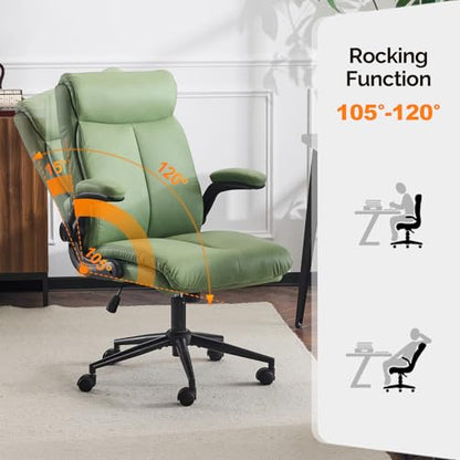 VINGLI Rolling Ergonomic Office Desk Chair with Padded Flip-up Arms, 360° Swivel High Back Executive Computer Task Chair with Wheels for Game,Home Small Space, Study Room, Reading Room,Pu Green - color: Leather-green