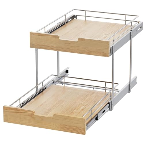 Sikarou Pull Out Cabinet Organizer,Heavy-Duty Slide Out Shelf, Wood and Wire Basket, Pull Out Drawer for for Kitchen Under Sink Space, Pantry, Bathroom, 2 Tie 11 * 21 in - size: 2-TIE 11*21 WM