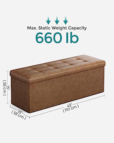 SONGMICS Mazie Collection - 43 Inches Folding Storage Ottoman Bench, Ottoman with Storage, Foot Rest Stool, Load 660 lb, Living Room, Bedroom, Entryway, Synthetic Leather, Coffee Brown ULSF070K01 - color: Coffee Brown, size: 15"D x 43"W x 15"H