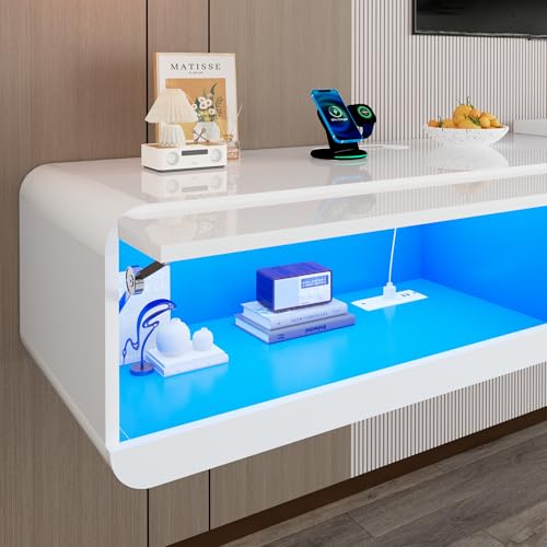 St.Mandyu Floating LED TV Stand for TVs Up to 100 inch, 94.5 inch Modern Entertainment Center with Led Lights & Power Outlet, Wall Mounted Hanging Media Console for Living Room, White - color: White