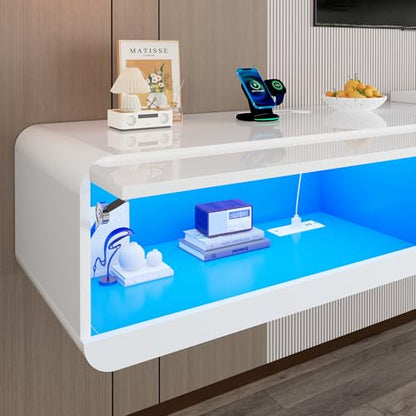 St.Mandyu Floating LED TV Stand for TVs Up to 100 inch, 94.5 inch Modern Entertainment Center with Led Lights & Power Outlet, Wall Mounted Hanging Media Console for Living Room, White - color: White