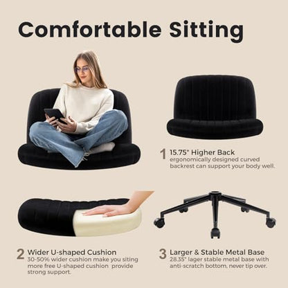 IWMH Criss Cross Office Chair with Wheels Cross Legged Desk Chair Armless | Black Computer Chair Vanity Chair Wide Seat Swivel Task Chair for Home Office Bedroom Make Up Small Space Height Adjustable - color: Black With Wheels