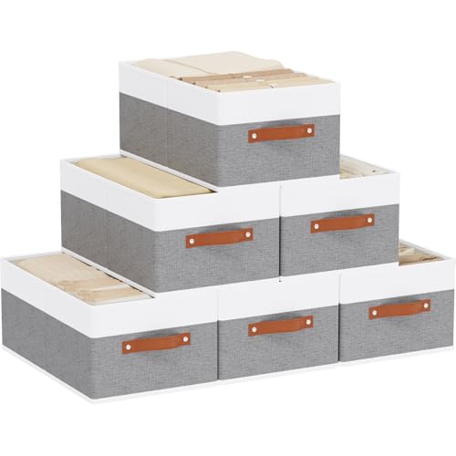 Storage Bins Organizers,18.5×11×7.9In,White/Grey Boxes,6Pack | Clothing Storage Baskets,Fabric Closet Organizer,Foldable Containers with PP Plastic Board,Large Cubes for Clothes,Hat - color: White/Grey, size: Jumbo -6 Pack