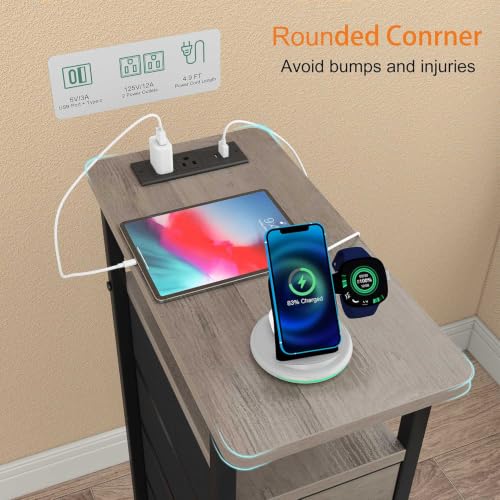 sthmec Nightstand Set 2 with Charging Station, Narrow End Table Set of 2 with 4 Drawers, LED Side Table with Fabric Drawers,Slim Sofa Couch Tables for Small Spaces,Living Room,Bedroom, Grey - color: Grey, style: Power & LED