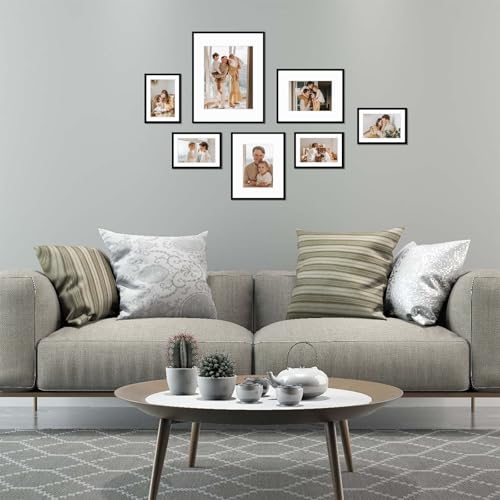 Golden State Art 7 Pack Black Aluminum Frame with White Mat, Real Glass | Includes One 11x14, Two 8x10, Four 5x7 Frames with Sawtooth Hangers for Wall Mounting. Great for gallery wall - color: Black, size: Style 2
